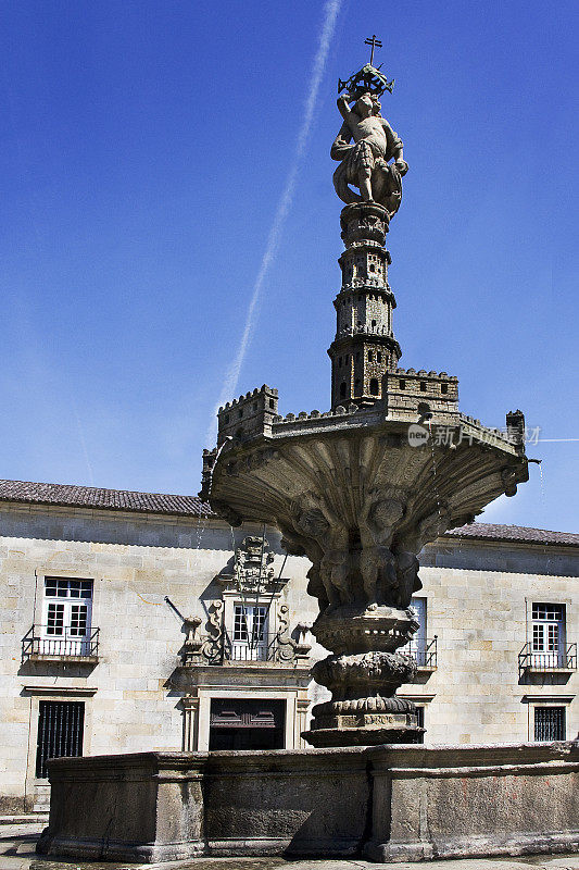 Ornamental ancient fountain in Largo do Paço, public town square in old town Braga, Portugal.